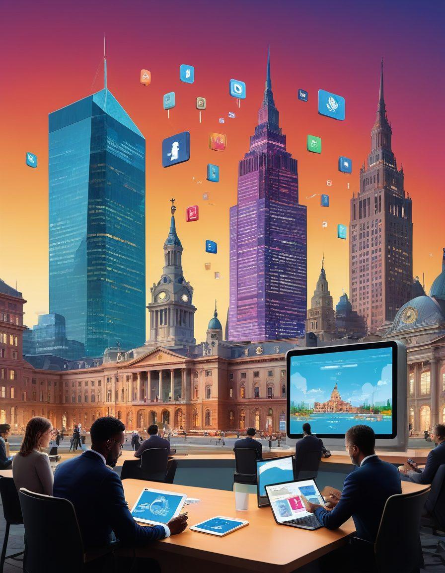 A creative juxtaposition of traditional government buildings transitioning into modern digital platforms. Show officials engaging with technology such as tablets and laptops, overlaid with icons representing social media and communication tools. The scene should depict a blend of old and new, with a vibrant skyline reflecting digital influence. Include elements of community engagement, like citizens interacting with government online. super-realistic. vibrant colors. dynamic composition.