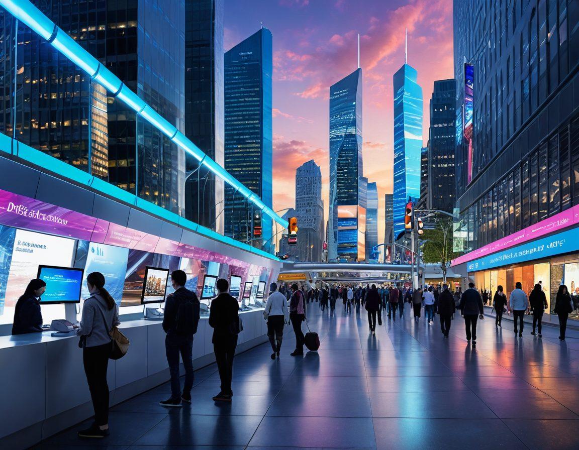 A futuristic cityscape showcasing digital kiosks and holographic displays filled with public information, diverse people actively engaging with technology, and a bridge symbolizing connection between physical and digital access. The backdrop highlights a blend of traditional and modern architecture, reflecting the evolution of public information dissemination. vibrant colors. super-realistic.